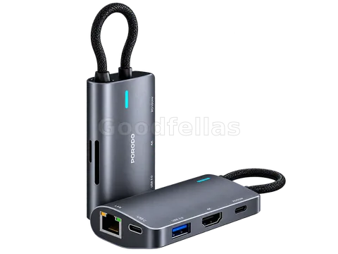 Porodo 7-in-1 Multi-Port USB-C Hub – 100W PD, 4K HDMI, Gigabit Ethernet – Gray