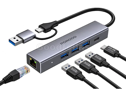 Porodo 5-in-1 Multi-Port USB-C Hub – 100W PD – Gigabit Ethernet – Gray