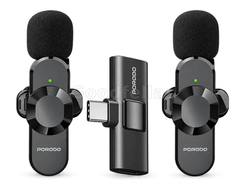 Porodo Audix Pro Dual Wireless Lavalier Microphone USB-C & Lightning - Black