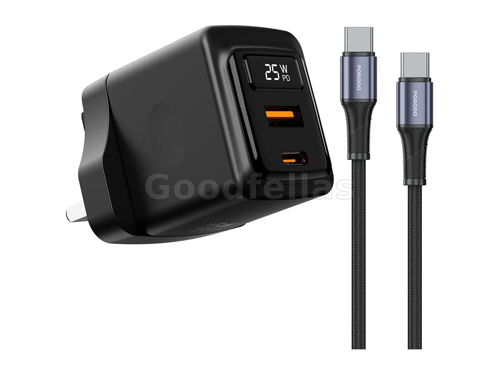Porodo GaN 25W Dual USB-C Wall Charger with Type-C to Type-C/Lightning Cable - Black