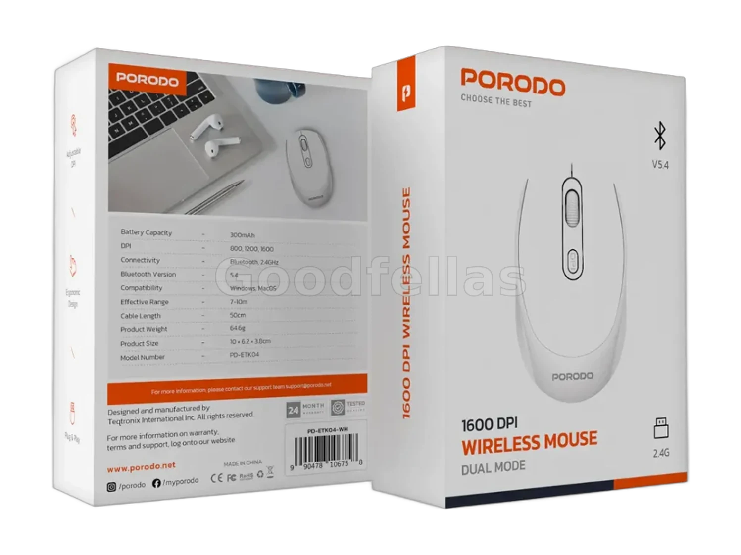 Porodo PD-ETK04 Dual Mode Wireless Mouse – White – Bluetooth 5.4 – 1600 DPI