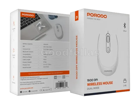 Porodo PD-ETK04 Dual Mode Wireless Mouse – White – Bluetooth 5.4 – 1600 DPI